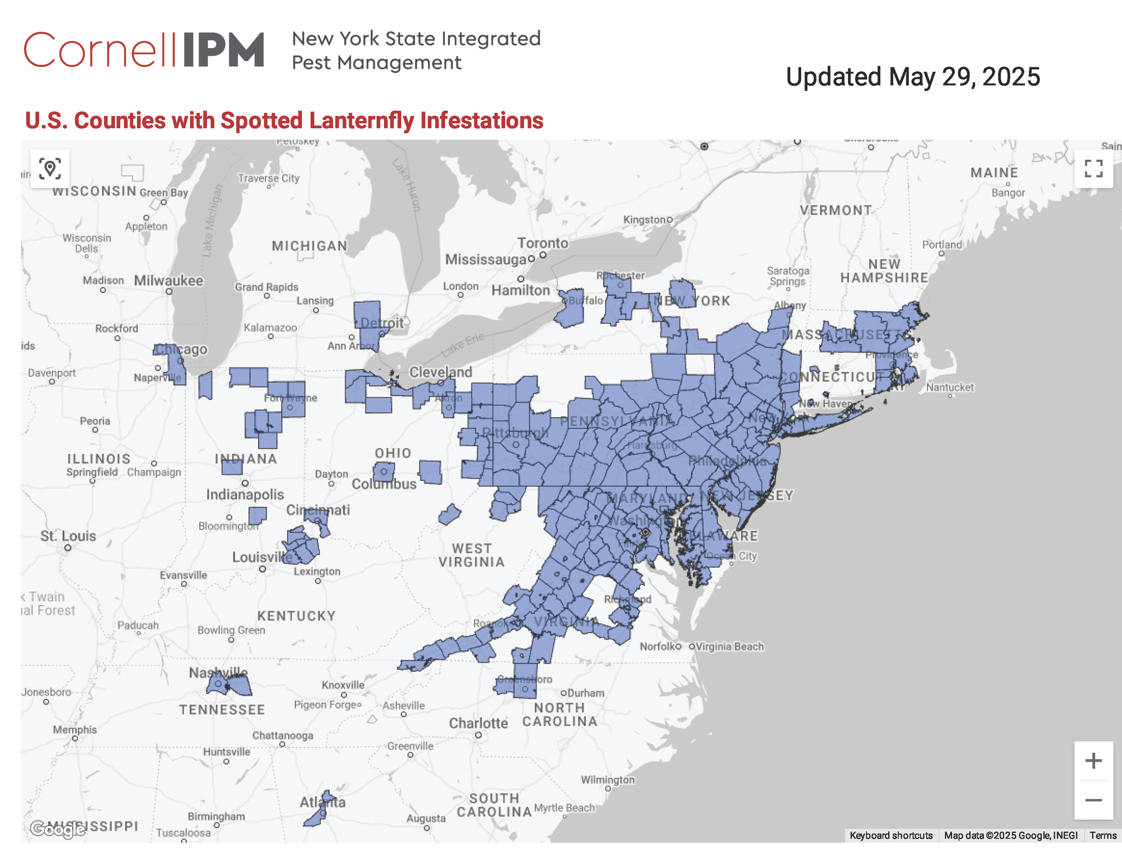 U.S. map of spotted lanternfly finds and established populations, NY State IPM