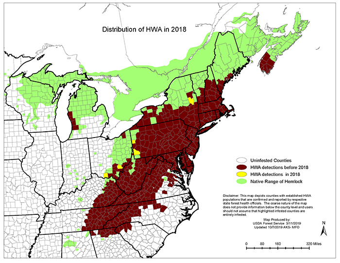 Hemlock Woolly Adelgid Distribution in the Eastern United States.  USFS