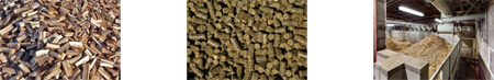 three images - left firewood; center pellets; right biomass