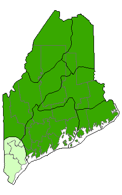 Map showing distribution of Evergreen Seepage Forest in Maine