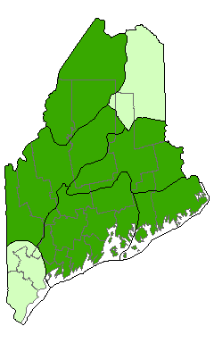 Map showing distribution of Spruce Rocky Woodland communities in Maine