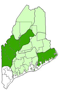 Map showing the distribution of White Cedar Woodland communities in Maine