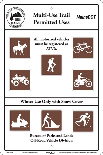 Example of a Multi-use Trail Sign showing the permitted uses for a trail. The visual icons used on the sign are for: horseback riding, biking, hiking, ATVing, motor cycling and winter used with snow cover for snow mobiles, cross-country skiing and dog sledding. Note that not all multi-use trails allow the same uses.