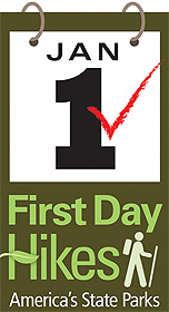 First Day Hikes logo showing hiker symbol below calendar page for January 1
