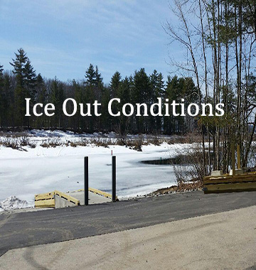 view from boat ramp into Sebago Lake showing partial ice cover on the lake.