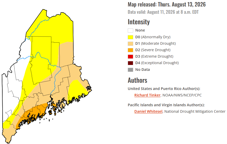 Map of Maine showing regional drought conditions. With the exception of the western mountains, most of Maine remains very dry, with the coast from Casco Bay to Penobscot Bay in severe drought.