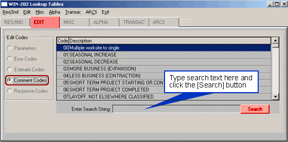 Edit Comment Codes Lookup Screen