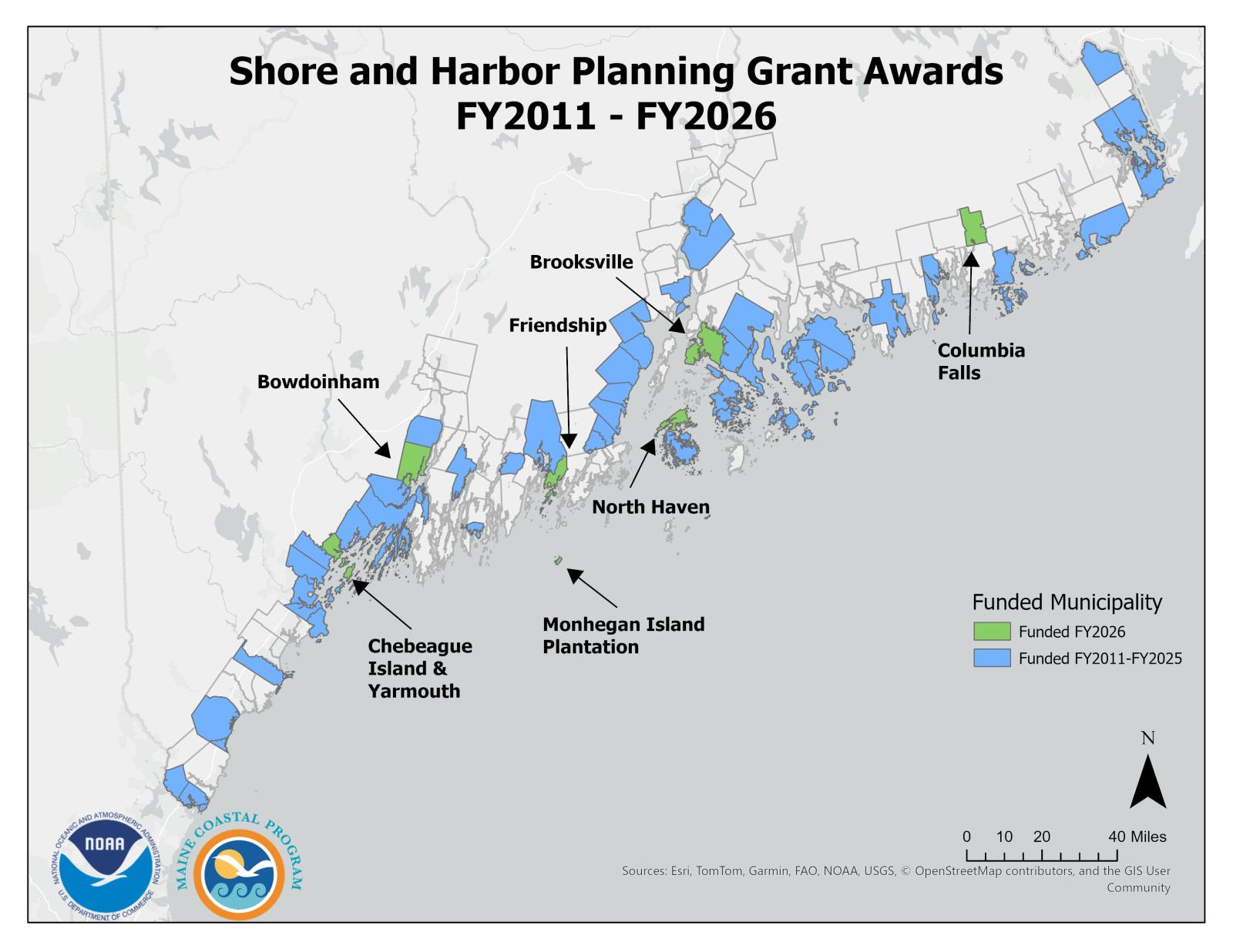 Map of Shore and Habor Planning Grant Awards on the Maine coast.