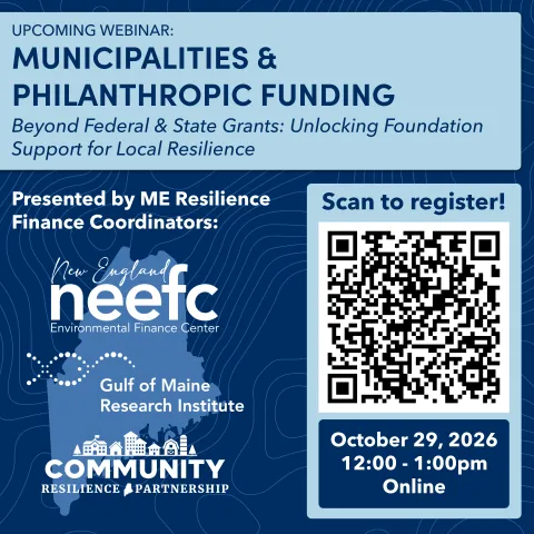 a graphic for the municipalities and philanthropic funding event with a qr code for registration
