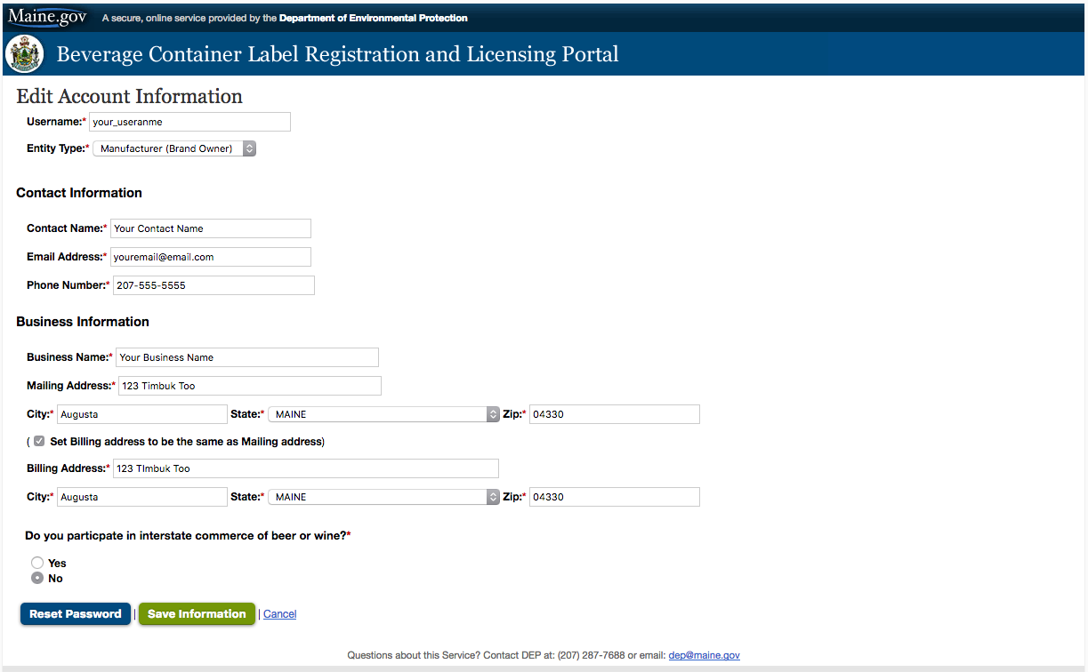 Manage Account Information Page