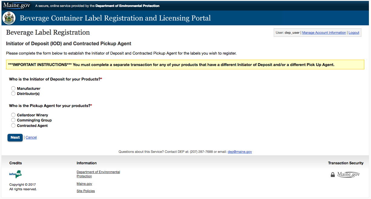 Register Labels - Initiator of Deposit and Contracted Pickup Agent Page